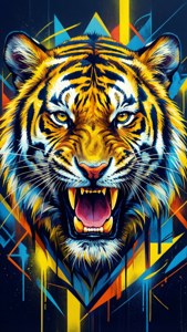 Abstract geometric tiger roaring in yellow and blue