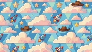 Un motivo geometrico che mescola nuvole e icone di Toy Story.
