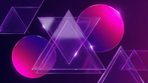 Formes géométriques violettes superposées dans un style Y2K brillant.