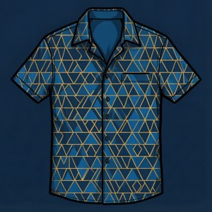 Desain kemeja pola segitiga geometris modern dalam warna biru dan emas.