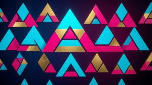 Abstraktes geometrisches Muster mit dem Konami-Dreieck-Logo in Cyan, Magenta, Gold.
