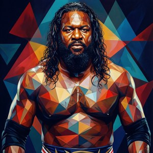 Seni geometris abstrak dengan siluet Leroy Brown dan segitiga berwarna-warni.