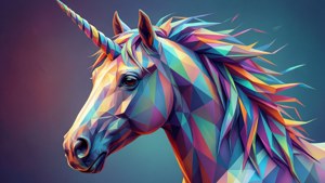 Uma cabeça de unicórnio low-poly geométrica em triângulos coloridos.