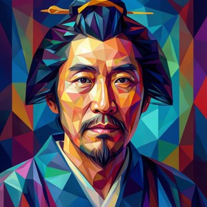 Abstract low poly portrait of Manjiro Sano with vibrant geometry