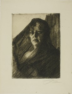 Gerda Lundequist by Anders Zorn, created 1909, in Etching on ivory laid paper. Download this artwork as a high-resolution wallpaper for desktop, tablet, or mobi — Illustration Wallpaper