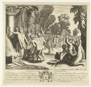 Germaans offer by Cornelis Huyberts, created 1700 - 1709, in paper; etching. Download this artwork as a high-resolution wallpaper for desktop, tablet, or mobile — Cornelis Huyberts Wallpaper