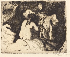 Getting Up (Le lever) by Albert Besnard, created 1913, in etching on Canson laid paper. Download this artwork as a high-resolution wallpaper for desktop, tablet — Albert Besnard Wallpaper