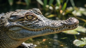 Détail complexe du museau et de l'œil du gharial en macro