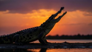 Crocodile with mouth open at sunset near water — Gavialis Picture