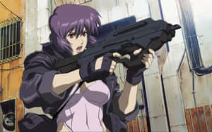 Mujer anime con cabello púrpura apuntando un rifle en un callejón oxidado. — Ghost In The Shell Paz Fondos de pantalla