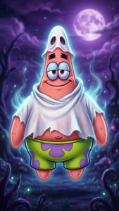 Ein gruselig süßes Wallpaper von Patrick Star als Geist.