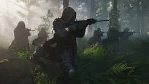 Soldiers in hooded gear moving through a misty forest with weapons drawn.