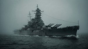 USS Missouri emergindo de névoa espessa, papel de parede de navio de guerra fantasmagórico com atmosfera assombrosa
