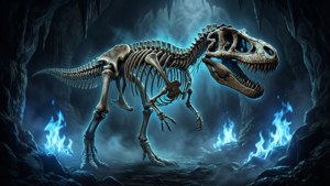 Aavemainen taustakuva hehkuvasta dinosauruksen luurangosta, täydellinen goottilaiseen tunnelmaan.