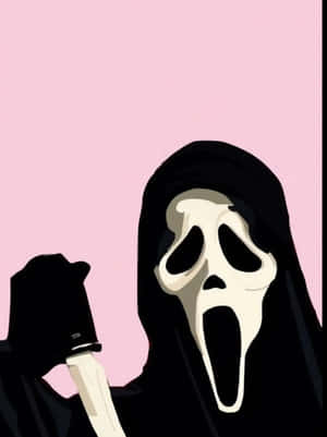 Ghost mask figure holding a knife against pink background
