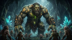 Un orc géant avec des runes lumineuses se tient dans une caverne remplie de cristaux entouré d'orcs plus petits. — Bioluminescent Fonds d'écran