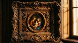 Intricate baroque frame embracing the Holy Family painting, warm golden light