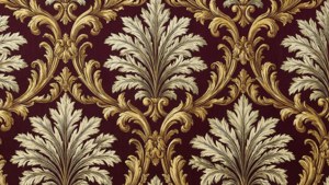 Luxe rococo-behang met gouden krulwerk en acanthusbladeren.