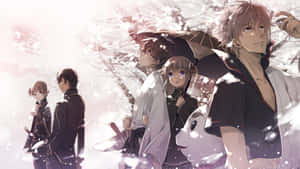 Anime group under cherry blossom snow with soft lighting. — Sakura Anime Picture