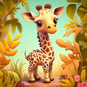 A cartoon giraffe with big eyes stands among golden leaves and pink flowers. — Giraffe Background