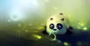 A cartoon panda holds a bubble in a glowing green mist with a yin yang symbol behind it.