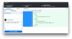 GitHub repository interface showing HTML code and commit message for a new GitHub Pages site