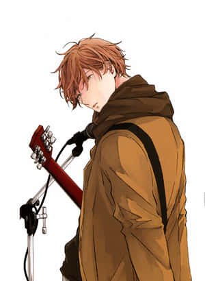 Anime-pojke med brunt hår och hoodie som håller en röd gitarr och tittar ner. — Give Bakgrundsbilder