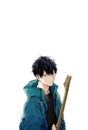 Anime-pojke i teal jacka håller elgitarr — Tokyo Japan Bilder