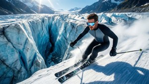 Skidåkare susar nerför en blå glaciär med sprickor och stark sol