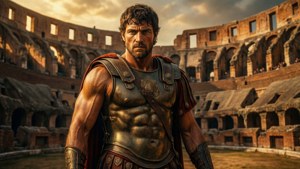 Gladiator Rimmer bermandikan cahaya keemasan jam emas di amfiteater.