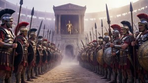 Episk tapet af en gladiatorlegion i formation foran kejseren