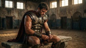 Fondo de pantalla tranquilo de gladiador que muestra a un guerrero descansando después del entrenamiento