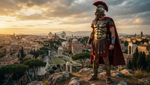 Seorang gladiator memandang Roma dari bukit berbatu saat matahari terbenam.