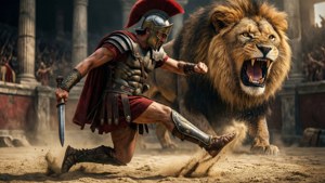 Emozionante sfondo gladiatore contro leone ambientato nel Colosseo