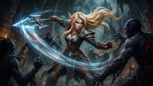 Tyrande in gevecht met haar glaive tegen duistere krachten.