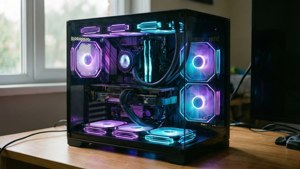 Showcase PC med gennemsigtigt glaspanel, lilla og cyan LED'er, vandkølingsrør