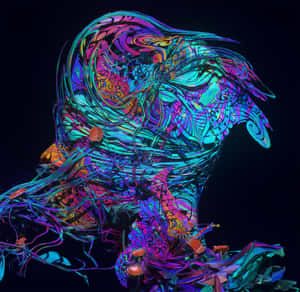 Glowing abstract bird with intricate patterns and neon colors against black background.