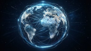Uno sfondo di globo digitale luminoso con connessioni di rete e stelle.