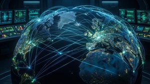 Visualisasi data bercahaya dari koneksi jaringan global di globe gelap