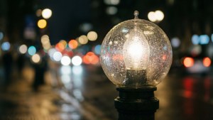Et nærbilde av en gatelyktkule med duggdråper og bokeh-belysning fra byen