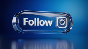 Realistisk blank Instagram-følg-knap med refleksioner og gradientbaggrund.