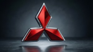 Kiiltävä 3D Mitsubishi-logo leijuu heijastavan pinnan yläpuolella.