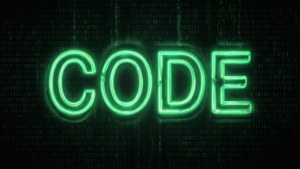 Fundo escuro com grande texto 'CODE' verde neon e fundo binário