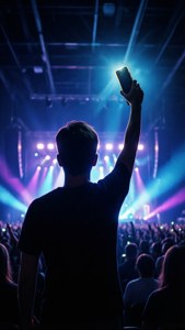 Apoiador solitário segurando uma luz de telefone brilhante em uma arena de concerto escura