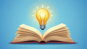 Open book with lightbulb in clipart style on blue background.