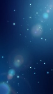 Dark blue gradient with floating glowing particles.