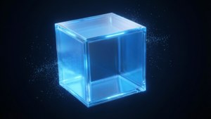 En 3D-rendering av en genomskinlig blå Dropbox-låda med neonglödande kanter och svävande partiklar.