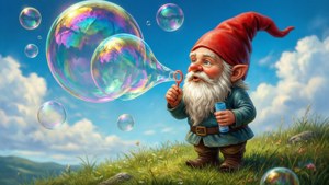Ilustrasi lucu seorang gnome meniup gelembung sabun pelangi di atas bukit.