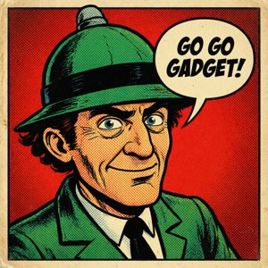 Klassisk retro seriestil med Inspector Gadget och hans catchphrase.