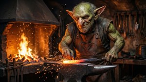 En fantasy-baggrund af en goblin-smed, der smeder metal i et flammende værksted.